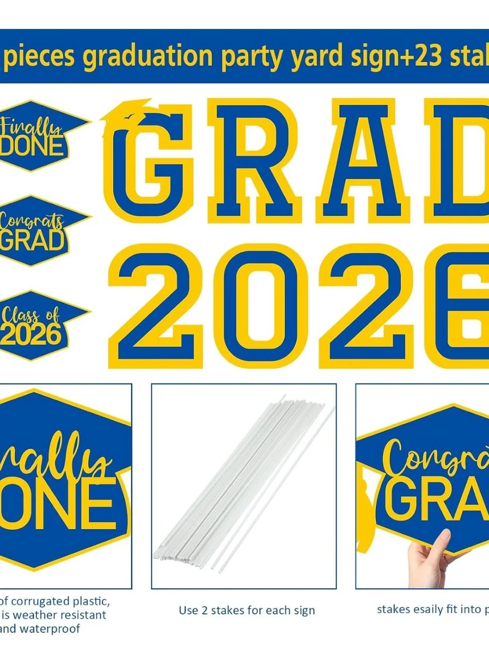 Graduation Yard Sign Set - Blue & Yellow 2026 GRAD